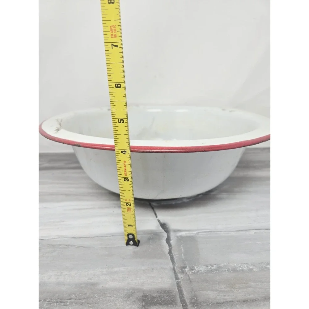 VTG White Red Enamelware Basin Bowl Antique Primitive Farm  12
